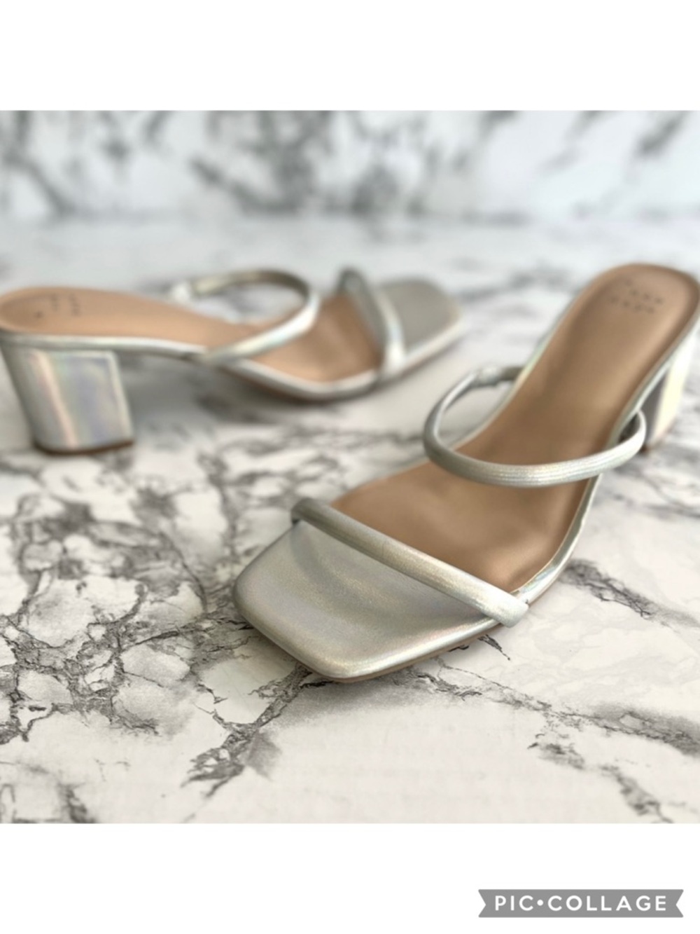 A New Day Call Sandals Silver Metallic Slide On Block Heel Strappy 8 Party Chic
